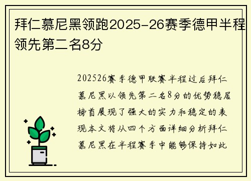 拜仁慕尼黑领跑2025-26赛季德甲半程领先第二名8分